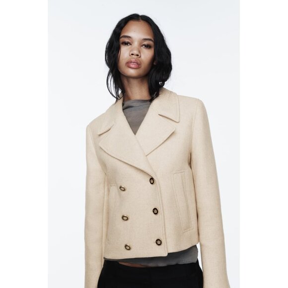 NWOT Zara sand double breasted statement button cropped pea coat, XL - Picture 1 of 16